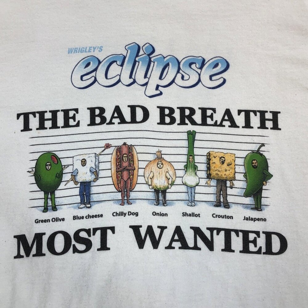 Vintage Wrigleys Eclipse Polar Ice Gum Bad Breath Most Wanted T-Shirt Large USA - Picture 4 of 10